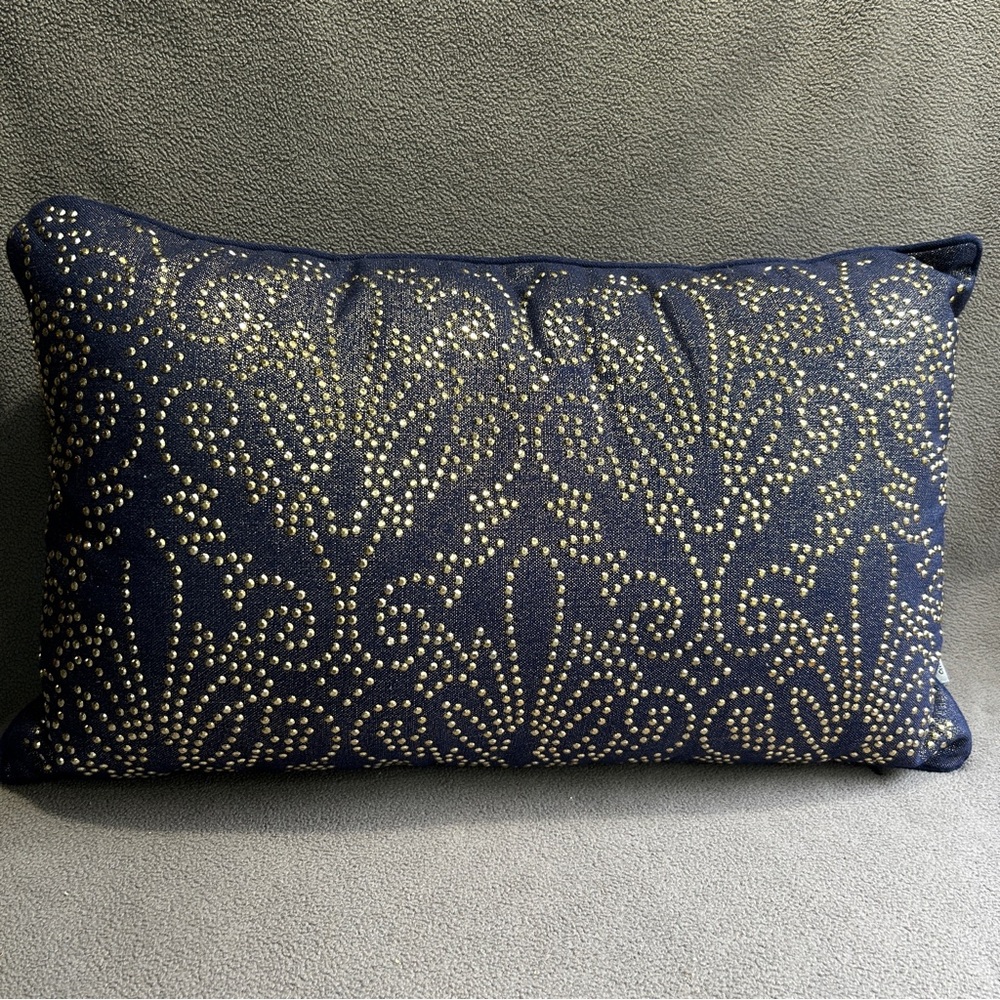 Thro Marlo Lorenz Blue Denim-Look Gold Jeweled Rectangle Throw Pillow 10"x18"